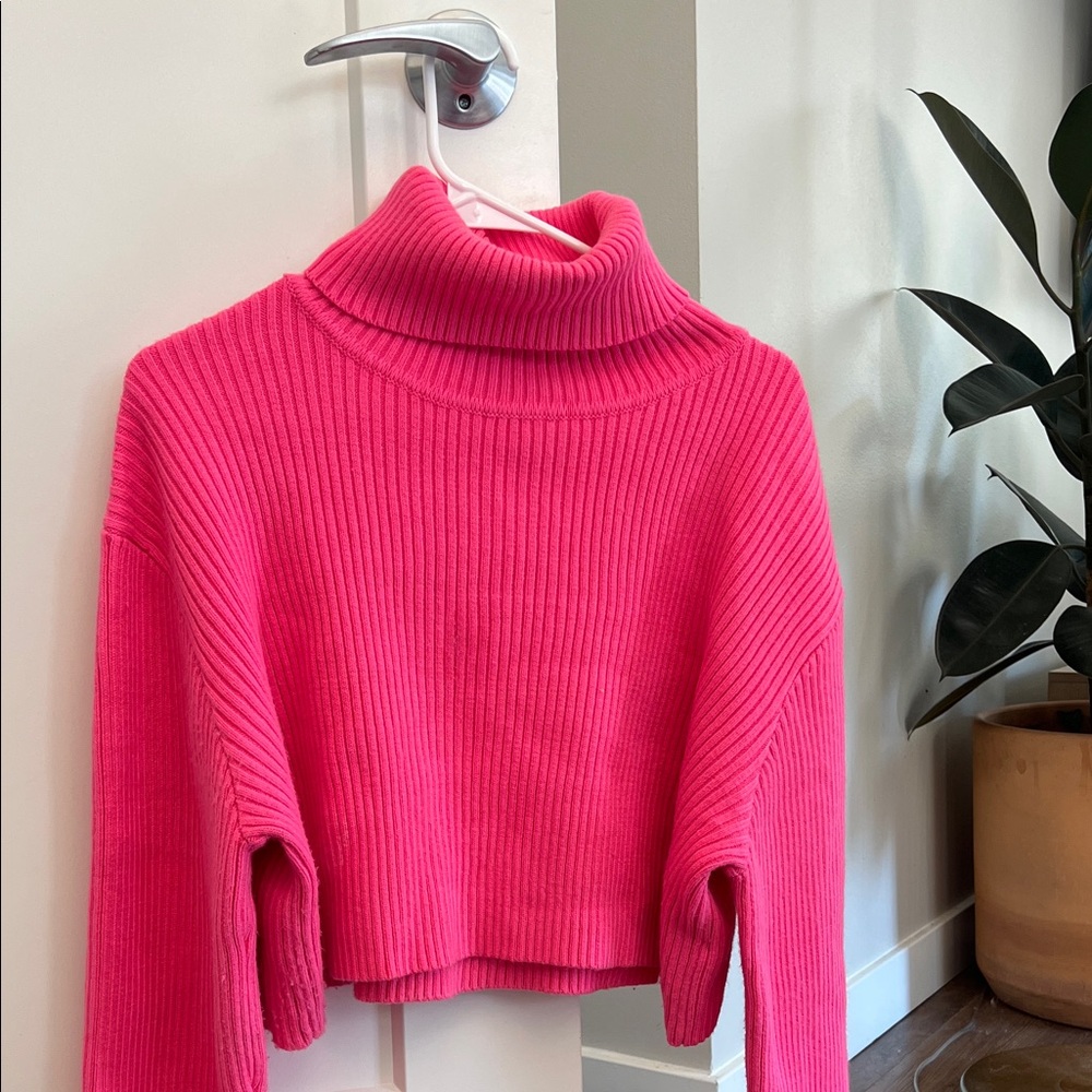 Pink Turtleneck Ribbed Sweater